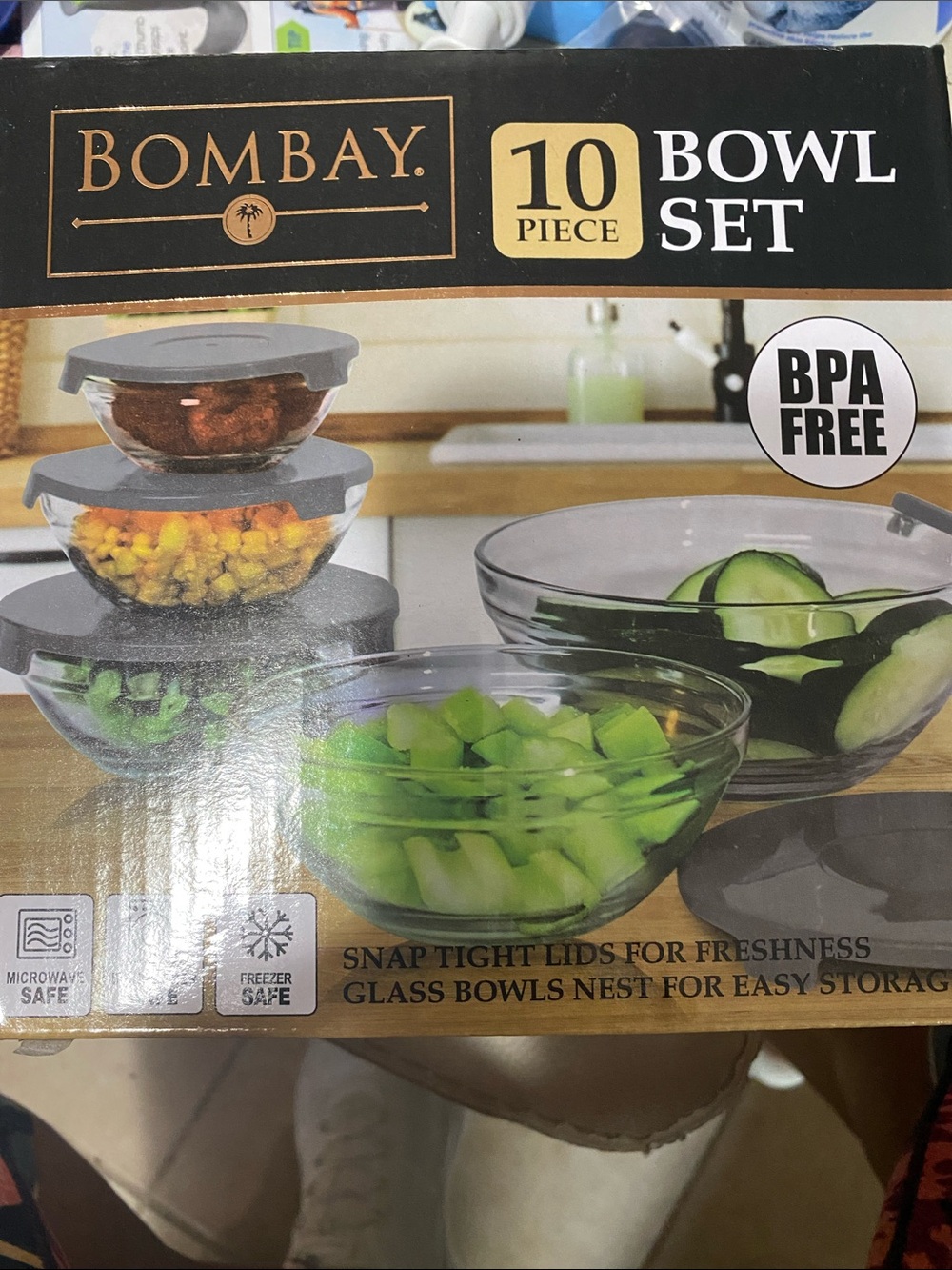 🏖️Bombay Clear Glass Bowl Set🎉with Gray Lids - 10 Piece - New In Box - Unopened